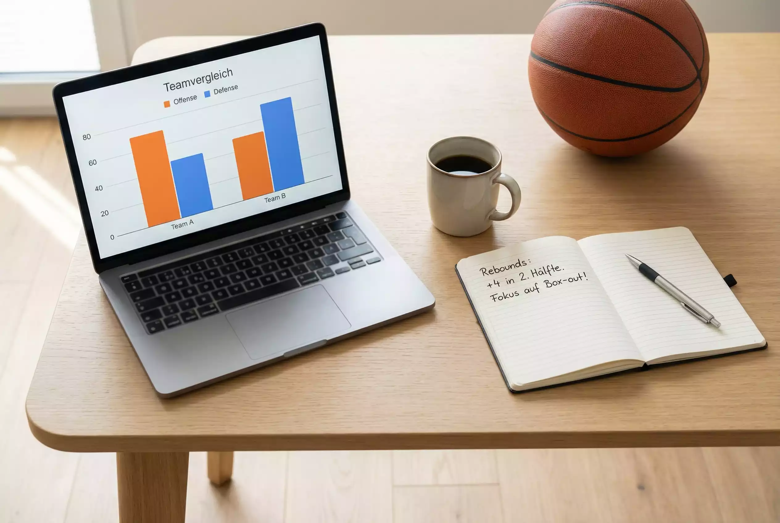 Basketball Mannschaftsanalyse mit Statistiken auf einem Laptop-Bildschirm